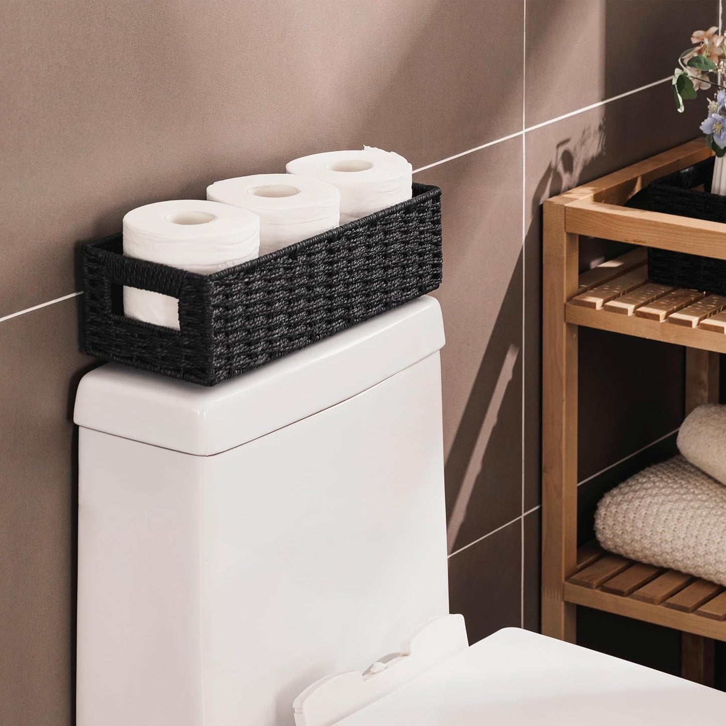 UBBCARE Toilet Tank Basket for Bathroom, Hand Woven Paper Wicker Basket for Organizing, Countertop Decorative Storage Basket with Handles, 2-Pack, Black