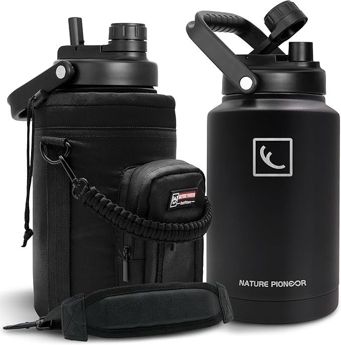 NATURE PIONEOR 1 Gallon (128oz) Insulated Water Bottle Jug with Carrier Bag | 18/8 Food-grade Stainless Steel, Double Vacuum Insulation, Wide-Mouth, Straw & Spout Lid, Strap, Camping, Hiking, Gym, Work by NATUREPIONEOR