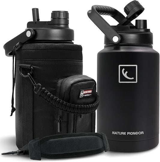 NATURE PIONEOR 1 Gallon (128oz) Insulated Water Bottle Jug with Carrier Bag | 18/8 Food-grade Stainless Steel, Double Vacuum Insulation, Wide-Mouth, Straw & Spout Lid, Strap, Camping, Hiking, Gym, Work by NATUREPIONEOR