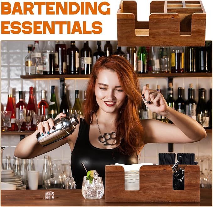 Mifoci 2 Pcs Acacia Bar Caddy with 5 Compartments, Wooden Bar Napkin Holder Organizer Cocktail Straws and Toothpicks Condiments for Home Office Kitchen Countertop(10.6 L x 5.5 W) - Image 5