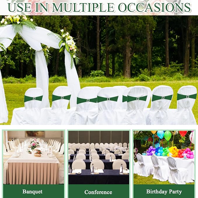 VitalCozy 100 Pcs Spandex Chair Sashes Wedding, Square Buckle, Green - Image 6