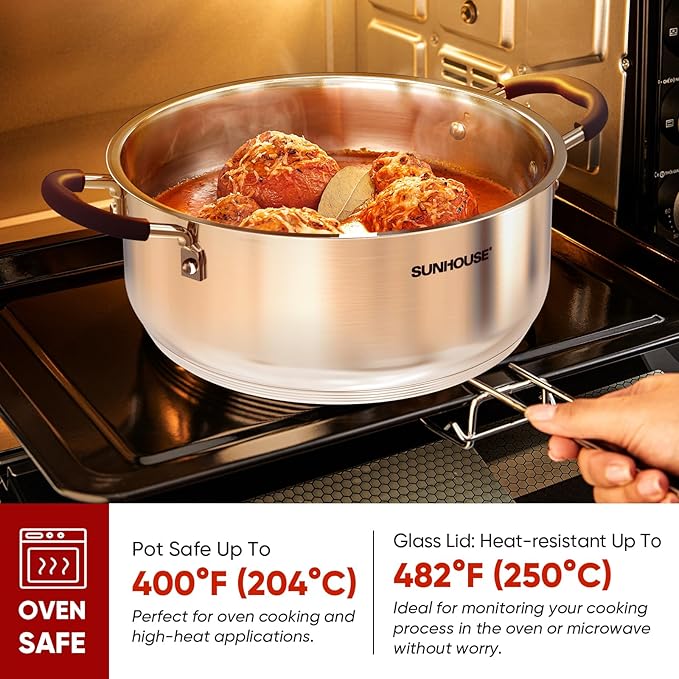Sunhouse: 2-Tier Stainless Steel Steamer Pots - 5.5 Quart - Tempered Glass Lid, 3-Ply Bottom, Vegetable-Dumpling-Food Cookware, Dishwasher & Oven Safe - Image 2