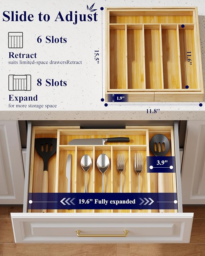 Kitsure Silverware Organizer - Expandable Bamboo Kitchen Drawer Organizer for Cooking Utensils and Cutlery, Sturdy & Thickened Kitchen Organizers and Storage Solution, 19.6"×15.5"×1.8" - Image 2
