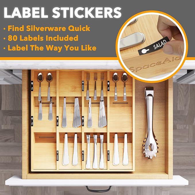 SpaceAid Bamboo Silverware Drawer Organizer with Labels, Kitchen Utensil Tray Holder Organizer for Flatware, Cutlery, Spoon and Knives Drawer Storage Organization (12 Slots) - Image 4