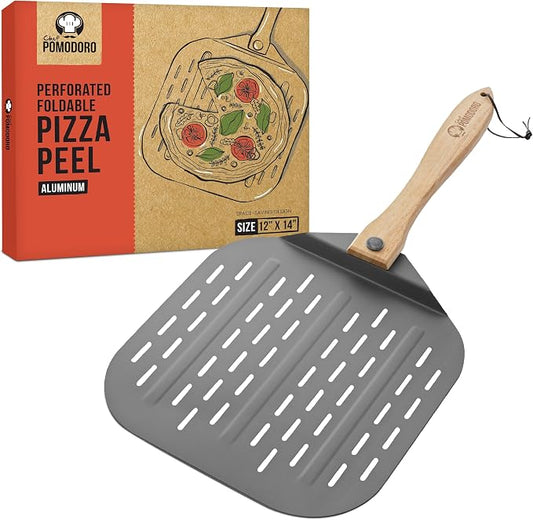 Chef Pomodoro Perforated Aluminum Pizza Peel 12x14 in Foldable Wood Handle | Metal Pizza Peel with Holes for Easy Release, Folds Flat for Storage, Great for Homemade Pizza & Artisan Bread by ChefPomodoro