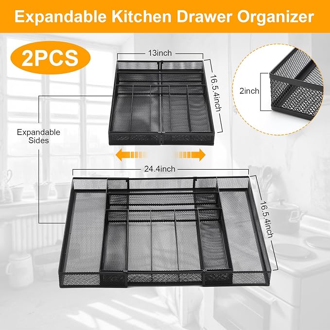 2 Pcs Utensil Drawer Silverware Organizer, Metal Mesh Expandable 13" ~24" Kitchen Drawer Organizer, 7-9 Slots Cutlery Tray Dividers for Kitchen Flatware Christmas Housewarming Gift (Black) - Image 2