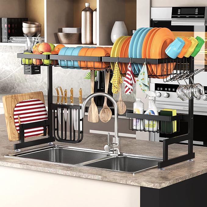 PUSDON Over the Sink Dish Drying Rack, 2 Tier Adjustable Large Capacity Stainless Steel Dish Rack for Kitchen Counter, Heavy Duty Space Saver Organizer with Utensil Holder, Black by PUSDON