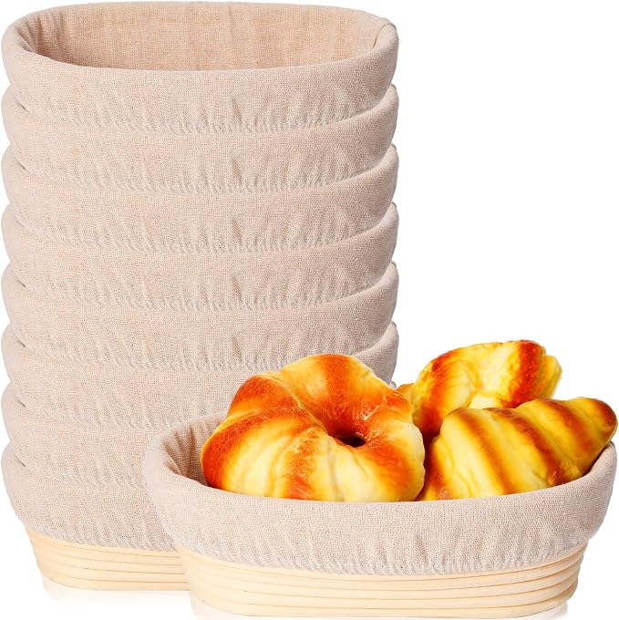 Gejoy 8 Pack 10 Inch Oval Banneton Bread Proofing Basket for Bakers | Sourdough Bread Baking Bowl Kit with Cloth Liners and Dough Scrapers Natural Rattan Banneton Sourdough Bowl Basket for Bakers by Gejoy