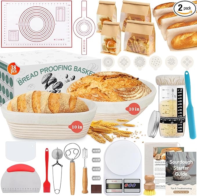 Aliggbent 38Pcs Sourdough Starter Kit, Rattan Banneton Proofing Baskets Jar | Bread Baking Supplies Set 24 oz Digital Scale Danish Whisk Lame Sling Scraper Dough Tools Round Oval Banneton Artisan Bag by AliggbentGoodChoice