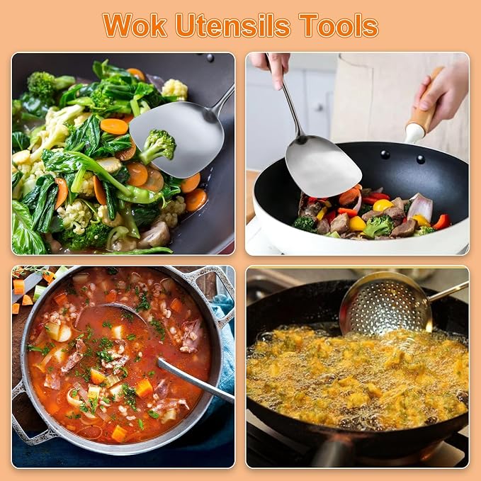 FJNATINH 17inch Wok Spatula and Ladle, Skimmer Spoon, Slotted Turner Spatula Set 304 Stainless Steel Kitchen Utensils Sets, 4-Pieces Cooking Utensils Tools Wok Accessories - Image 7