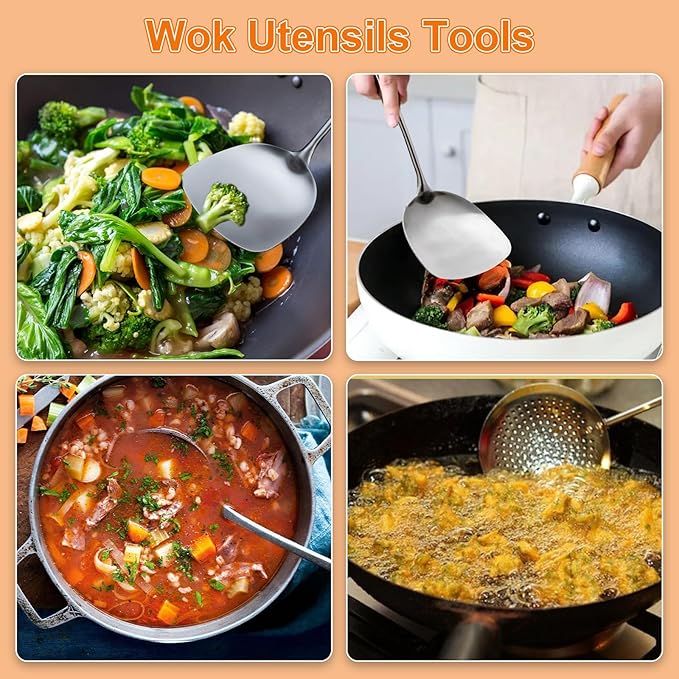 FJNATINH Wok Spatula and Ladle,Skimmer Ladle Tool Set, 17inches Spatula for Wok, 304 Stainless Steel Cooking Utensils - Image 4