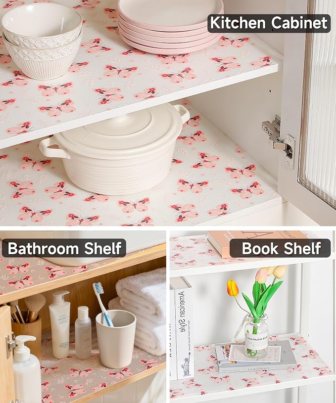 Shelf Liner for Kitchen Cabinets - Non-Adhesive Waterproof and Oil-Proof Drawer Liner, Reusable Protector for Dresser, Wire Shelf, Cupboards(Pink Butterfly, 17.5" W x 360" L) - Image 9