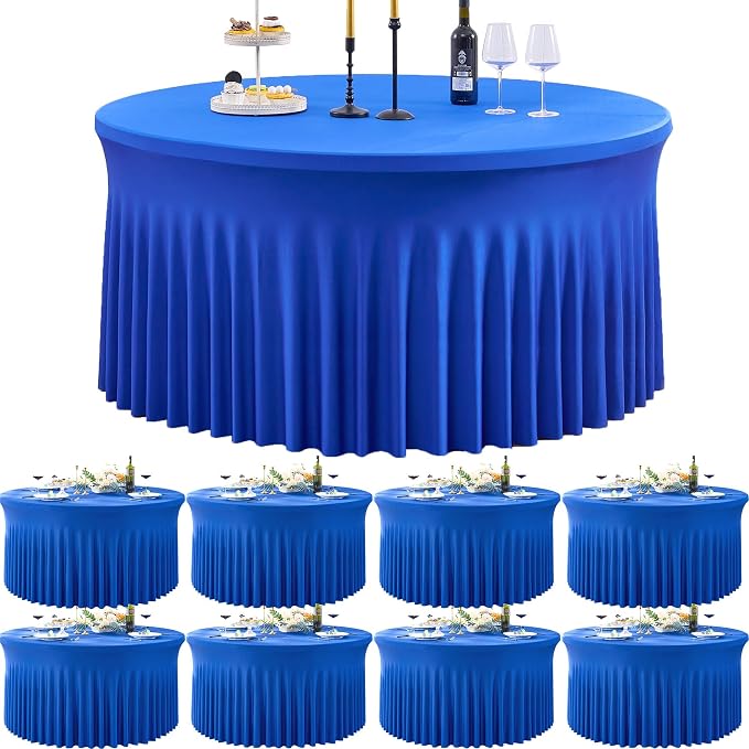 8 Pack Royal Blue Round Spandex Tablecloths for 60 inch Table, 120 inch Stretchy Fitted 5FT Round Table Cloths with Skirt for Wedding Birthday Party Dining Banquet - Image 6