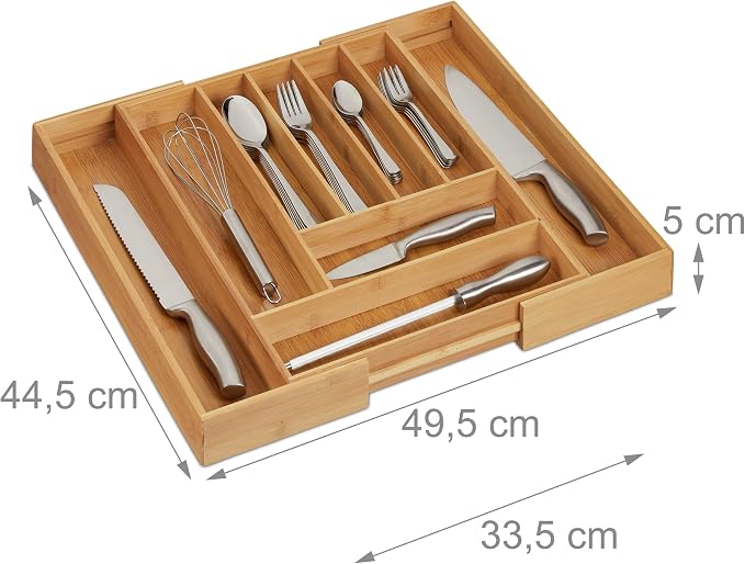 Relaxdays 10032171 Bamboo Cutlery Tray, Extendable, Cutlery Tray for Drawers, 7 to 9 Compartments, HBT 5 x 49, 5 x 44.5 cm, Natural, MDF - Image 2
