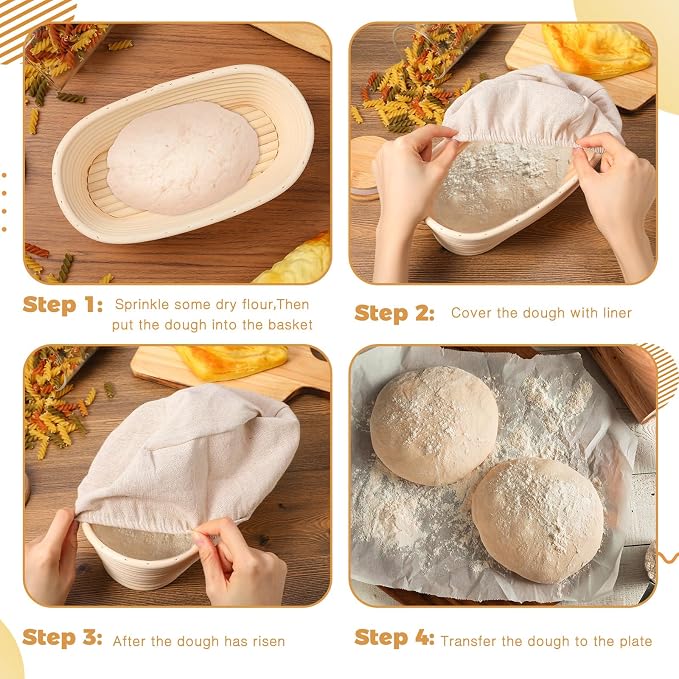 Gejoy 8 Pack 10 Inch Oval Banneton Bread Proofing Basket for Bakers | Sourdough Bread Baking Bowl Kit with Cloth Liners and Dough Scrapers Natural Rattan Banneton Sourdough Bowl Basket for Bakers - Image 5