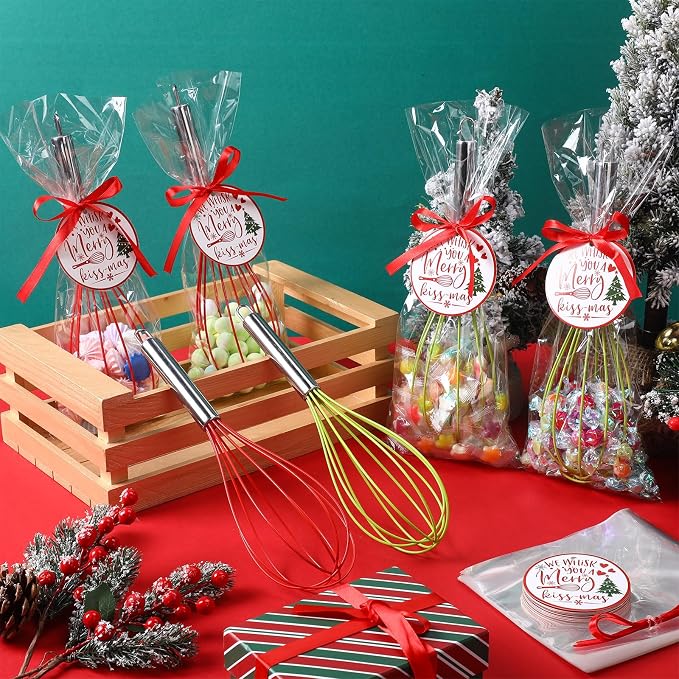 FoldTier 72 Sets 12 Inch Christmas Whisks Gifts DIY Fillable Christmas Tree Ornaments Xmas Colored Silicone Whisks for Cooking Heat Resistant Egg Beaters with Card Rope Bag for Candy Holder - Image 7
