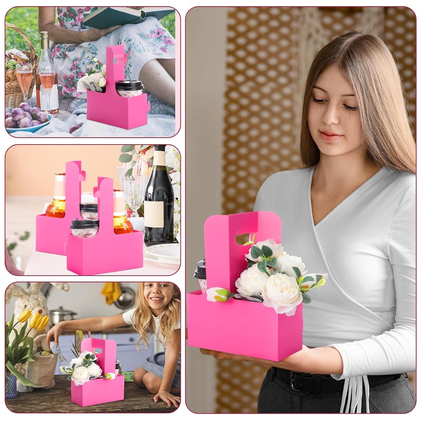 Kosiz 60 Pcs 2 Cups Drink Carrier with Handle 6.9 x 3.2 x 8.9 Inch Coffee Holder Paperboard Drink Caddy for Hot and Cold Beverage Takeout Cafe and Restaurant Xmas Wedding Food Delivery(Rose Red)