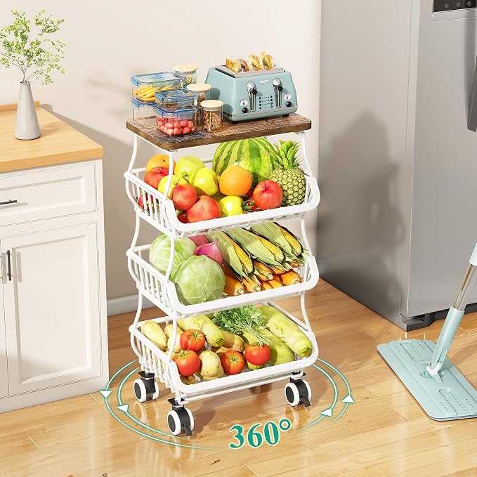 SAYZH 4-Tier Fruit and Vegetable Basket Stand for Kitchen, Wood Top, White | Stackable Vegetable Storage Baskets with Wheel, Metal Wire Storage Carts for Onion, Potato and Snacks - Image 8