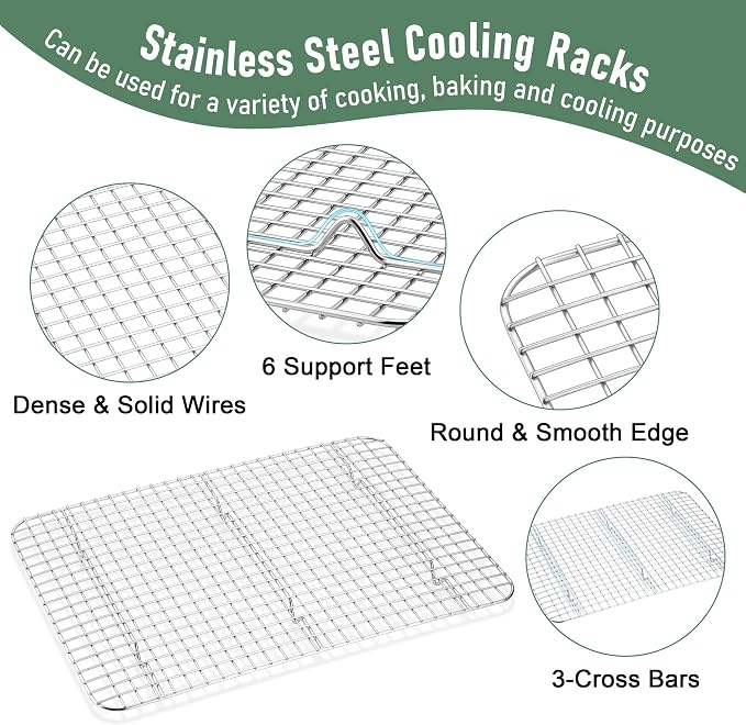 Homikit Jelly Roll Pan with Cooling Rack Set (2 Pans+2 Racks), 16" x 12" | Stainless Steel Baking Sheet Tray with Wire Grid Rack, Cookie Bacon Pan for Oven Cooking Roasting, Rust Proof & Nonstick - Image 4
