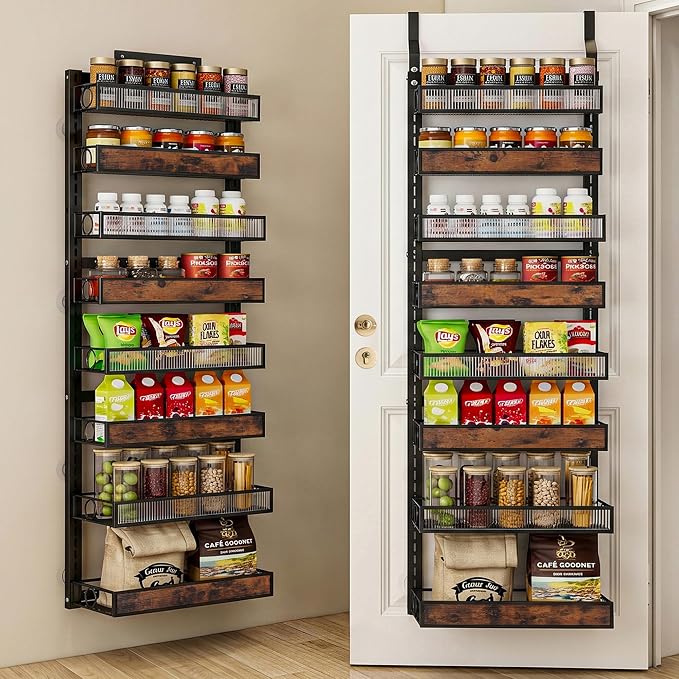 8 Tier Pantry Door Organizer Spice Rack, 2-IN-1 Wall Mount or Hanging Over Door Seasoning Organizer with Adjustable Baskets, Heavy Duty Behind Door Storage Shelves for Pantry, Cabinet and Kitchen by Clothink