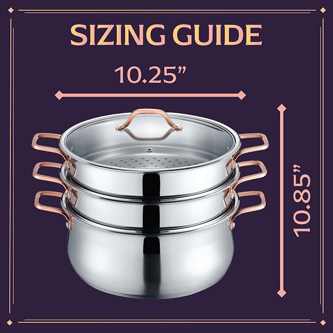 CONCORD Premium Stainless Steel 3 Tier Steamer w/Rose Gold Handles 26 cm - Image 2