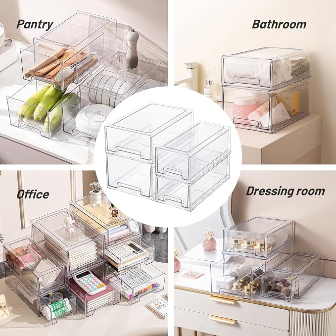 Clear Stackable Storage Drawers 2 Pack M, BPA-Free Plastic Pull Out Organizer with Anti-Slip Pad for Bathroom Pantry Cabinet - Image 6