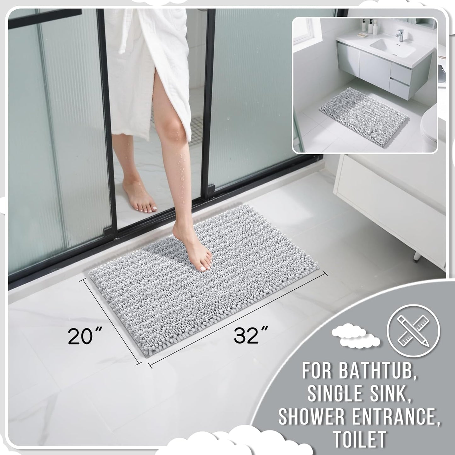 Yimobra Bathroom Rugs Non Slip Washable 32x20 Inch - Ultra Soft Absorbent Chenille Bath Mat, Quick Dry Shaggy Floor Carpet for Tub Shower, Silver Home Decor Accessories