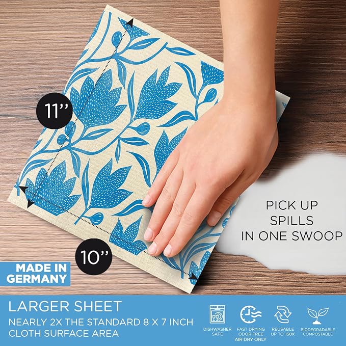 LOLA Swedish Dishcloths XL on a Roll, 30 Sheets, Floral Pattern, Perforated Tear-Off 11" x 10" Sheets w/Hook, Reusable Absorbent Unpaper Towels Cellulose Sponge Cloth Biodegradable Made in Germany - Image 4