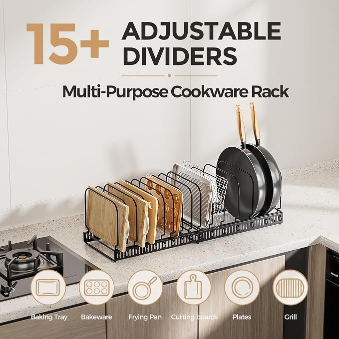MUDEELA Expandable Cutting Board Organizer Pot Lids Rack 15 Dividers 2-Pack - Image 3