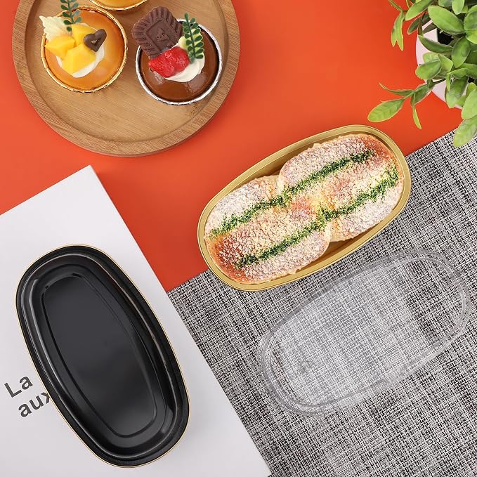 Beasea Mini Loaf Pans With Lids, 6 Inch 50 Pack Oval Cake Pan, Black Golden Disposable Baking Cups, Ellipse Cheesecake Pan Aluminum Pans for Meat Bakeware Oven Baking - Image 6
