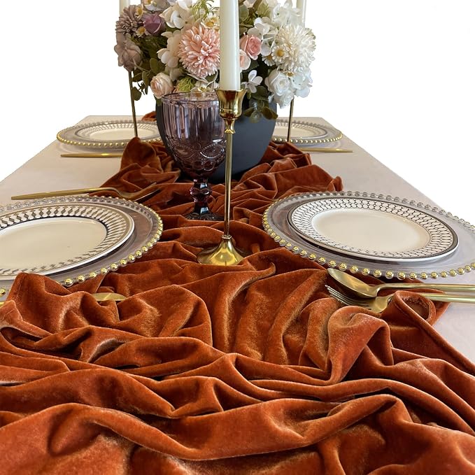 Luxurious Velvet Table Runner, Terracotta 120 Inches Wedding Table Runners, 10ft Velvet Home Party Table Decorations - Image 4
