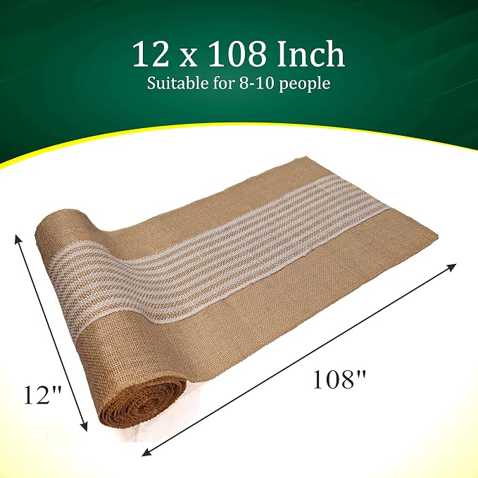 Decorative Table Runner (Pack of 6) – 12”x 108” – Stripe on Natural Rustic Farmhouse Table Runner with Finished Edge – Burlap Runner for Home Decor, Weddings and Christmas - Image 2