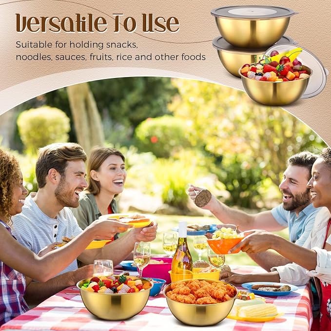 Nuogo 12 Pack 8.27 Inches Gold Stainless Steel Mixing Bowls with Airtight Lids Stackable Metal Serving Esthetician Facial Bowls for Salad, Fruit, Soup & Kitchen Prep - Image 6