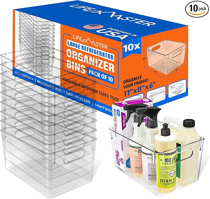 Lifemaster Stackable Refrigerator Bins - Set of 10 Large Capacity Organizers with Easy Grip Handles - Clear and Versatile for Kitchen Storage by LIFEMASTER