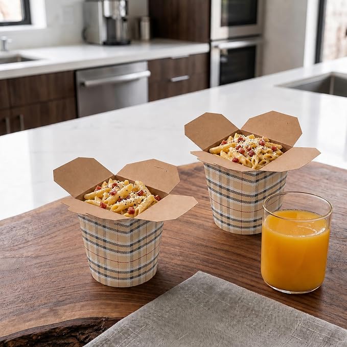 Restaurantware-Bio Tek 3.2 x 2.9 x 4 Inch Food Containers, 200 Noodle Takeaway Boxes - Disposable, Sturdy, Plaid Paper 16 Ounce Take Out Boxes, Round, For Hot Or Cold Foods - Image 4