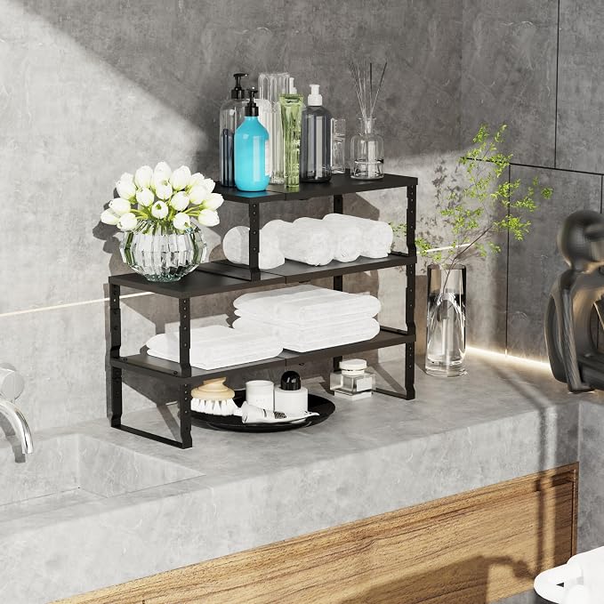 Jojocross Expandable Stackable Spice Rack Organizer for Kitchen Cabinet,Adjustable Counter Shelf, countertop, Pantry,Cupboard,Bathroom,Bedroom(1Pack/Black/Large) - Image 5