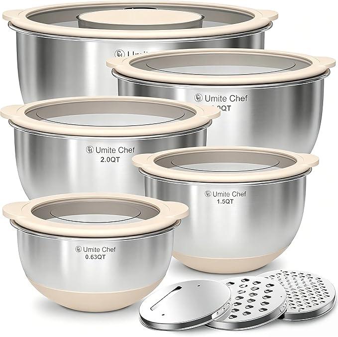 Mixing Bowles Set with Lids Set - Warp-Proof TPR-AS Lids, Stainless Steel Mixing Bowl with 3 Graters & Measuring Lines, Non-Slip Bowls for Baking, Prep, Airtight Food Storage (Khaki 5/3/2/1.5/0.63QT) by UmiteChef