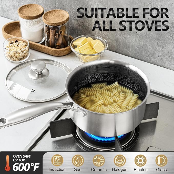 MICHELANGELO Stainless Steel Saucepan Set 1QT & 2QT, Premium Triple Ply Sauce Pan with Lid, Sauce Pot with Honeycomb Interior - 4pcs - Image 3