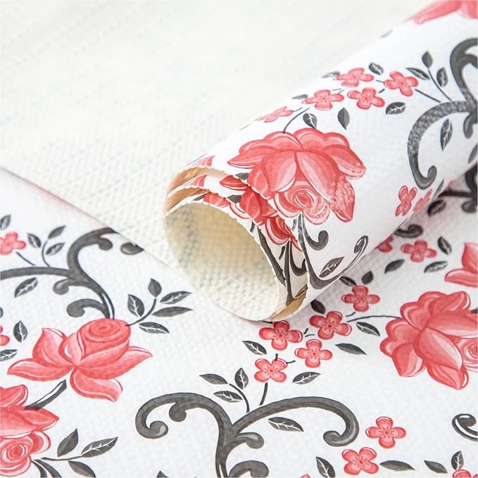 FIFTY FEET 12X120 Inch Shelf Liner for Kitchen Cabinets, PVC Drawer Liner for Dresser Non-Slip Bathroom, Non-Adhesive Cabinet Liner Washable (Red Floral)(2 Roll) by FIFTYFEET