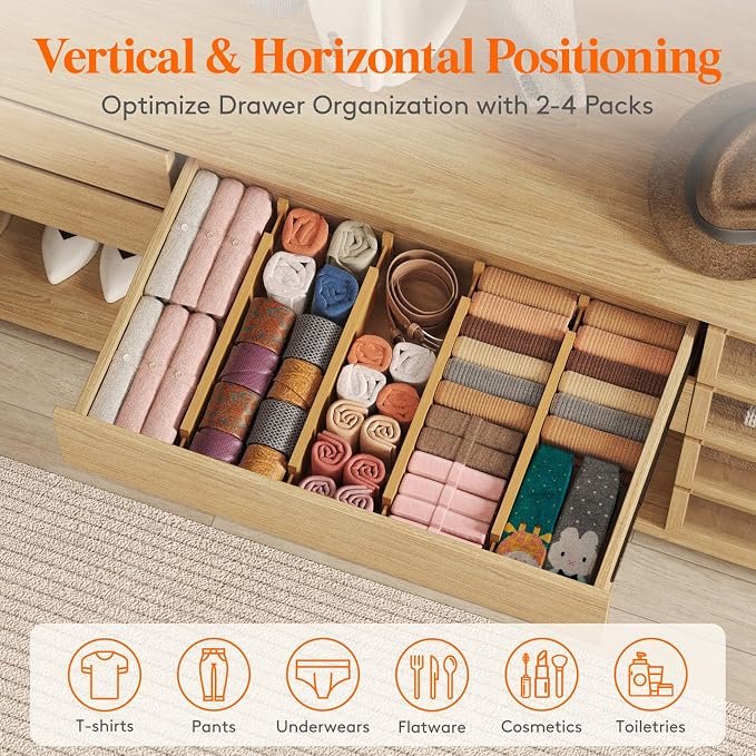 Lifewit 4" High Dresser Drawer Dividers, Adjustable Bamboo Drawer Organizer - Image 4