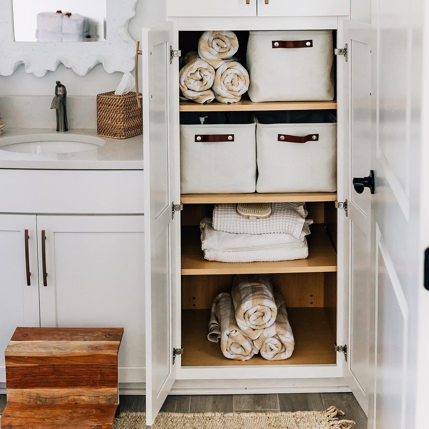 OrganiHaus Large Fabric Storage Baskets for Shelves 3 Pack, 15x11in Closet Storage Bins for Shelves, Cloth Baskets for Organizing, Linen Closet Organizers, Fabric Basket - Off-White