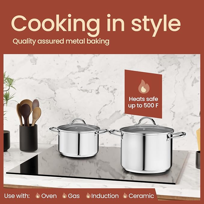 Stainless Steel Stockpot with Tempered Glass Lid 8 Quart, Durable 18/0 Stainless Steel, Impact-Bonded Base for Even Heating, Riveted Handles, Oven & All Stove Compatible, Safe Up To 500°F (260°C) - Image 3