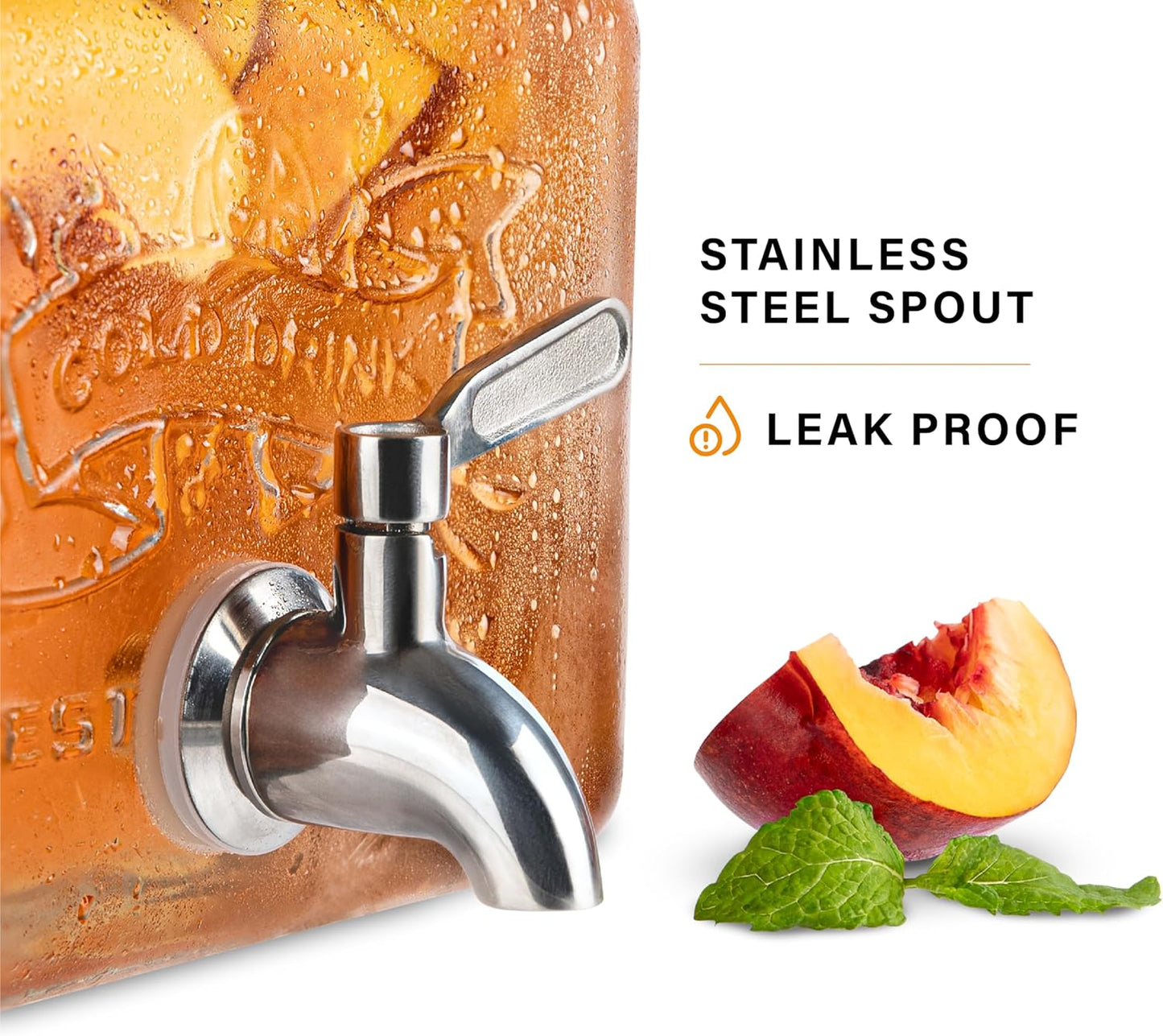 MosJos Glass Drink Dispenser for Fridge - Stainless Steel Spigot Mason Jar Dispenser with Wide Opening & Easy-Fill - Beverage Storage for Outdoor, Water, Iced Tea, Juice, Sangria & Detergent, 1 GALLON