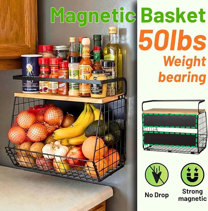 2 Set Magnetic Shelf for Refrigerator with Wood Lid, Fruit Potato & Onion Storage Bins, Pantry Organizers & Storage, Large Container Magnetic Spice Rack for Refrigerator, Kitchen Counter, Cabinet | Strong magnet holds 50lbs, ventilated bin for produce,... - Image 2
