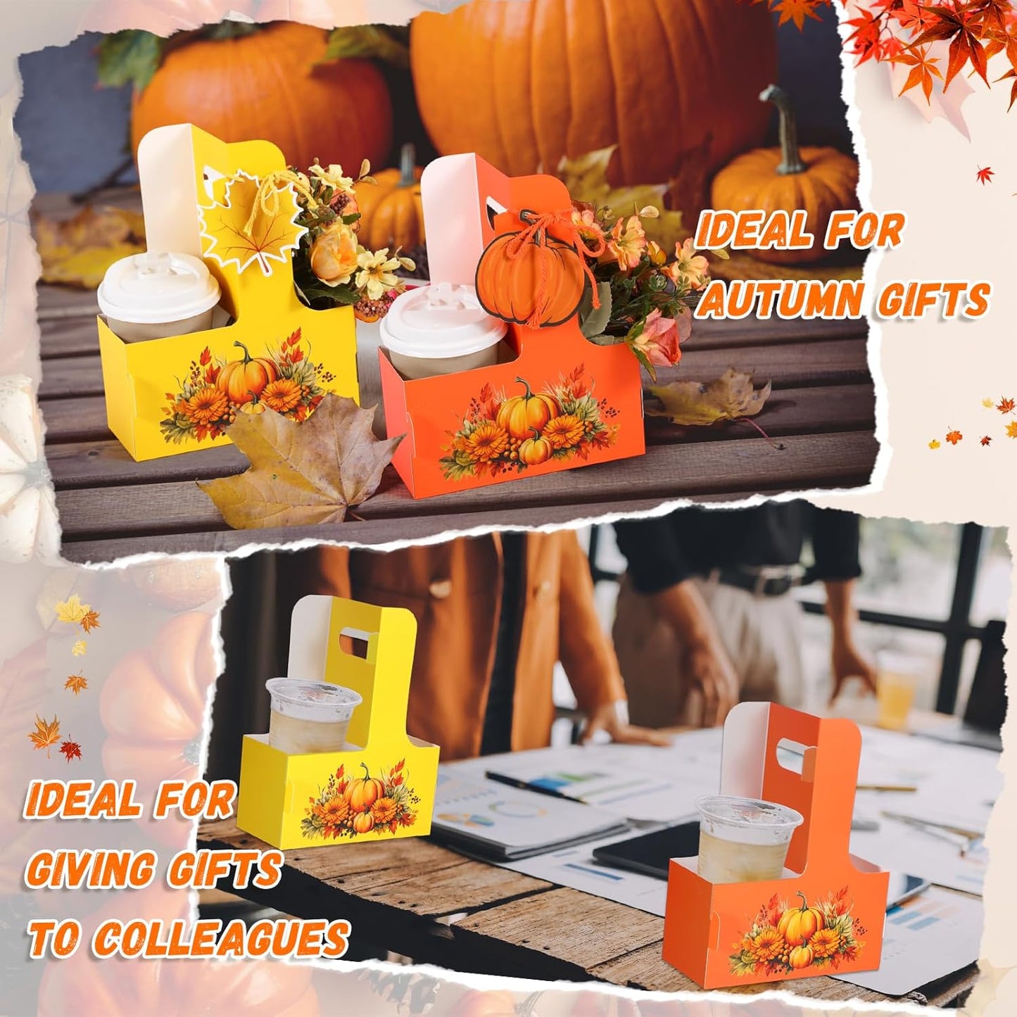 TaoBary 30 Set Fall 2 Cup Drink Carrier with Handle Portable Foldable Tray Drink Holder Yellow Orange Disposable Cardboard Coffee Cup Holder with Pumpkin Maple Leaf Tag, Thanksgiving Fall Gifts