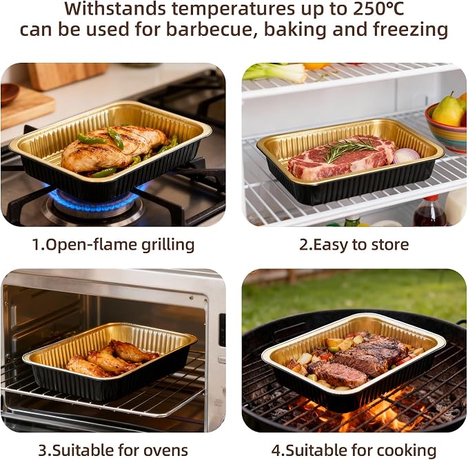Aluminum Foil Pans, Heavy Duty Disposable Aluminum Baking Pans | 14.57"×10.63" Steam Table Pans for Cooking, Heating, Storing, Prepping Roasting and Chafing (15 Pack Black and Gold) - Image 5
