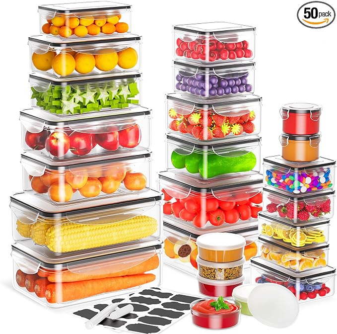 50 PCS Food Storage Containers with Lids Airtight (25 Lids & 25 Containers) | Reusable Plastic Leakproof Meal-Prep Container for Kitchen Storage Organization Microwave/Dishwasher Safe with Labels & Pen by JSCARES
