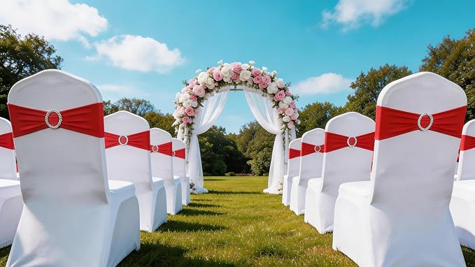 Wedding Red Chair Sashes 100 Pack Spandex Chair Bows Bands with Buckles for Party Birthday Bridal Shower Engagement Banquets Anniversary Christmas Outdoor Events Decorations (Red) - Image 8