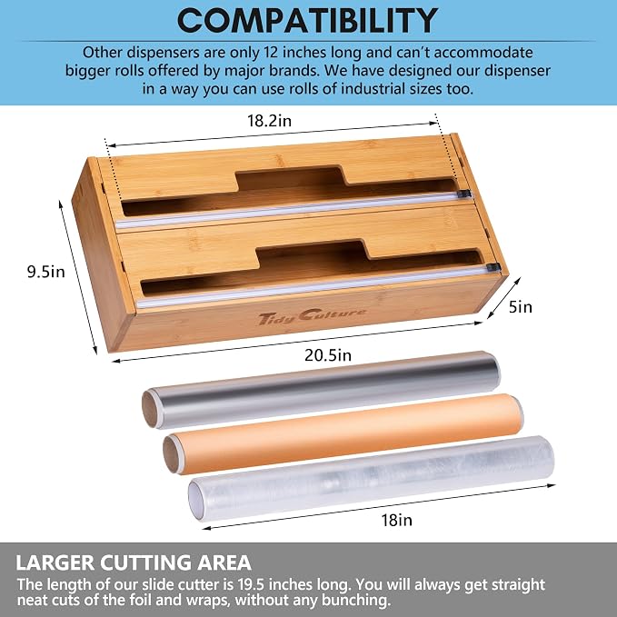 18 Inch Large Foil Wrap Dispenser with Cutter, 2 in 1 Aluminum Butcher Parchment Paper Freezer Tin Wax Cling Foil Plastic Wrap Organizer for Kitchen Drawer Bamboo Saran Storage Roll Holder - Image 2