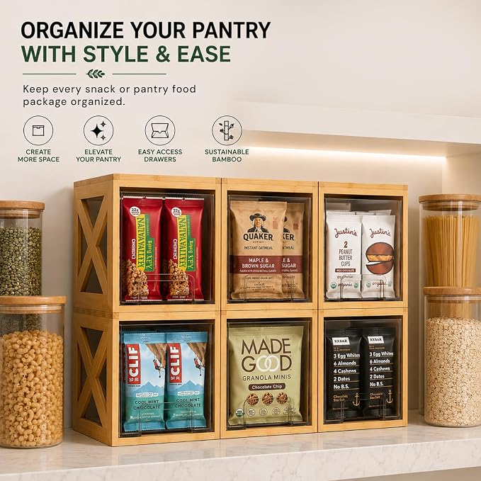 Bamboo Snack & Pantry Organizer, Stackable Pull-Out Drawers, 2 Pack - Image 2